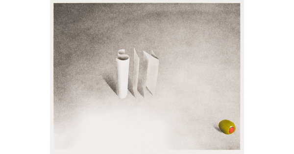 A color print of the letters SIN rendered in 3-D, almost like buildings rising from the ground, and a green pimento-stuffed olive in the lower right corner.