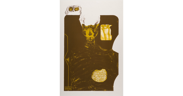 An abstract color print in brown and yellow of what looks like an X-ray of a torso and head; a small image of a license plate in the bottom left.
