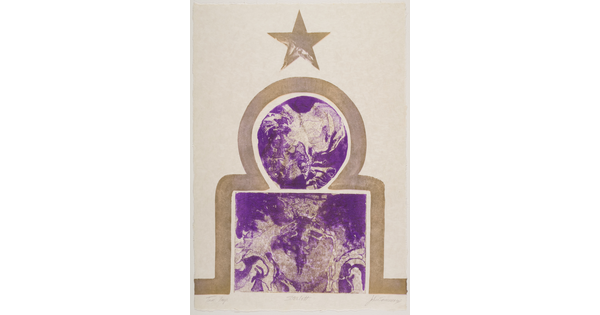 An abstract color print in purple and tan of a tan star, an X-ray of a head in a circle, and an X-ray of a pelvis in a square.
