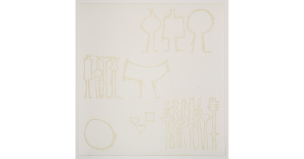 An abstract color print of a series of geometric shapes and symbols in three levels printed in a very light tan on white paper.