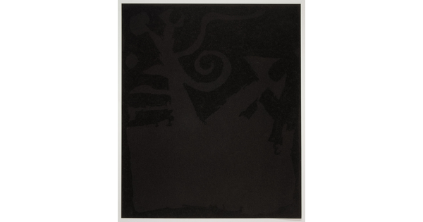An abstract color print of a very dark brown organic shape with curled appendages against a black background.