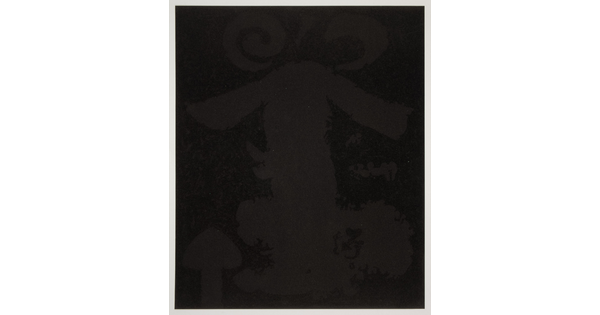 An abstract color print of a very dark brown organic shape and arrows pointing up against a black background.