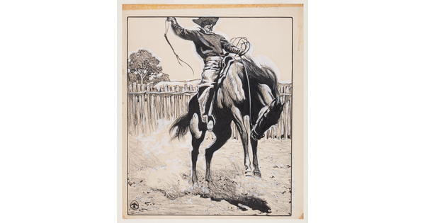 A black-and-white drawing of a cowboy hanging onto a rearing horse, holding the reins in one hand and  a whip in the other hand raised in the air.