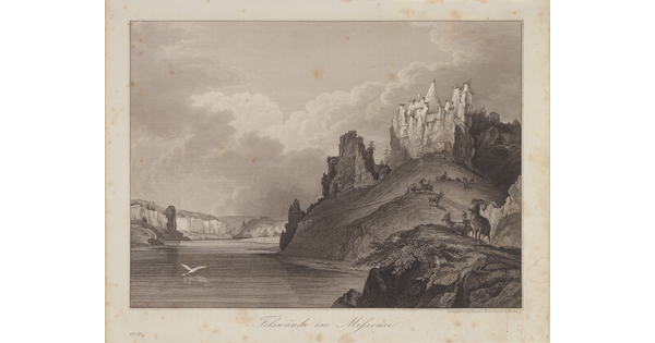 A black-and-white print of a river and castle-like structure on a rocky mountainside with sheep grazing on the hillsides.