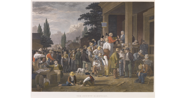 A color print of a large group of White men gathered outside of a courthouse to cast a their votes.