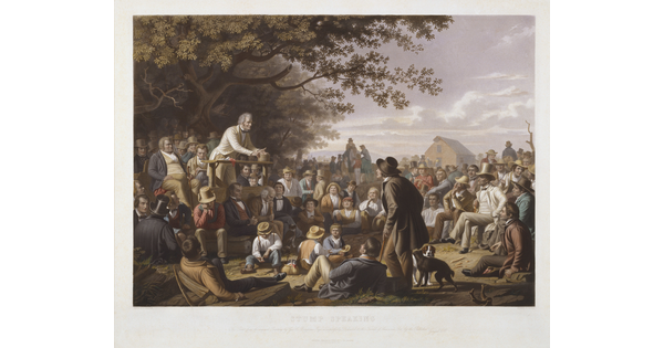 A print of a man standing on a platform under a tree speaking to a large crowd of people.