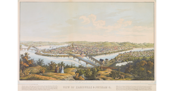 A color print of two cities separated by a river with bridges connecting them.