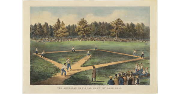 A color print of an early baseball game with spectators.