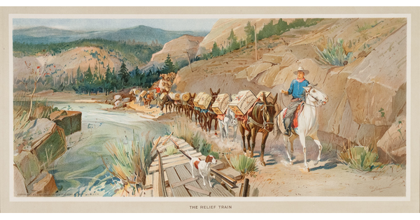 A color print of a cowboy on horseback leading a line of pack mules carrying crates and barrels marked "Anheuser Busch, St. Louis, Mo." over a mountain pass.