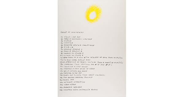 A color print of a yellow circle above a written table of contents.