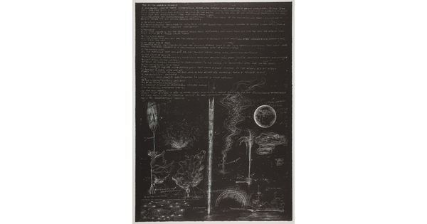 An abstract black-and-white print of organic white shapes and lines that resemble a landscape below written text.