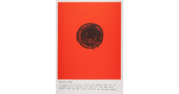 An abstract color print of a black circle on a red background above written text.