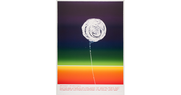 An abstract color print of a white circle and line that resemble a balloon on a rainbow gradient that fades from purple at the top to red at the bottom above a block of text.