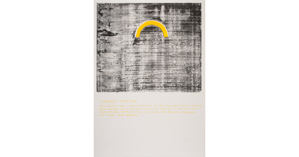 An abstract color print of a yellow arch on a smudgy black background above written yellow text.