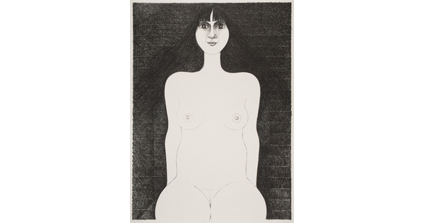 A black-and-white print of a seated nude White woman with long black hair leaning back on her hands.
