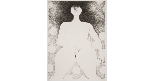A black-and-white print of a nude White woman with long black hair, one hand between her legs, reclining on a patterned surface.