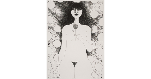 A black-and-white print of a nude White woman with long black hair holding a flower between her breasts reclining on a patterned surface.