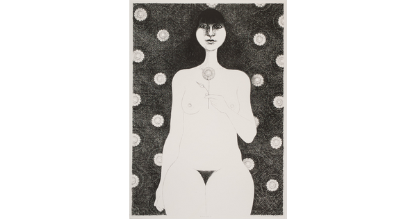 A black-and-white print of a nude White woman with long black hair holding a flower between her breasts reclining on a dark patterned surface.