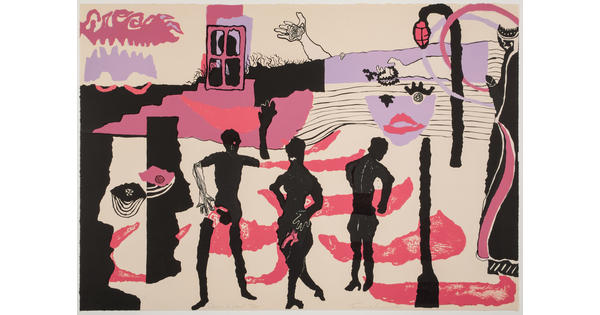 An abstract color print of three black figures purple, pink, and black shapes that resemble lampposts, windows, theater masks all around them.