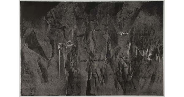 An abstract black-and-white print that resembles a satellite image of mountains with thin white markings placed throughout.