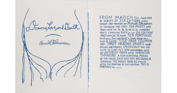 A color print in blue of, on the left, curvy lines around the title written in cursive, and, on the right, a block of printed text.