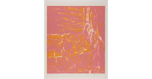 An abstract color print of swirls and gestural strokes in pink and orange.