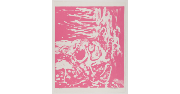 An abstract color print of swirls and gestural strokes in pink and white.