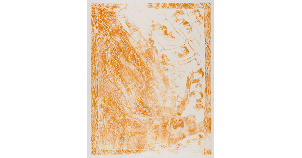 An abstract color print of a partially-obscured human-like figure in orange and white upside down and diagonal.