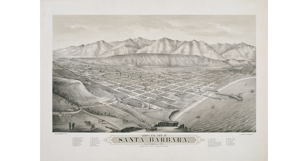 A black-and-white print of a coastal city, showing the grid of streets, with mountains in the background and water in the foreground.