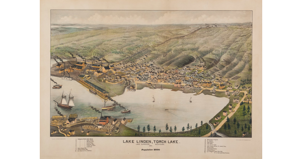 A color print of a birds-eye-view of a small town with a lake at its center and the words, "Lake Linden, Torch Lake" beneath the illustration.