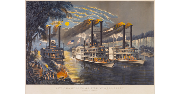A color print of three multi-level steamships side by side on a river at nighttime above the words, "The Champions of the Mississippi."
