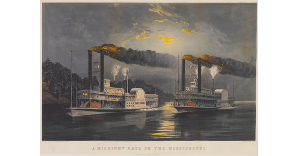 A color print of two steamships with billowing smokestacks on a river at night and a yellow full moon reflected in the water.