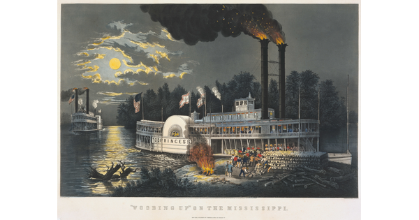 A color print of workers chopping wood and loading it on to a steamship at night.