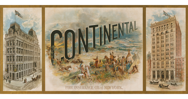 A color advertisement with three panels: the first and third show tall, ornate buildings; the second shows the word "Continental" placed in a Native American settlement.