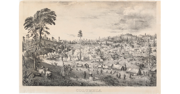 A black-and-white print of a town in a cleared wooded area with people relaxing and walking on a hill in the foreground.