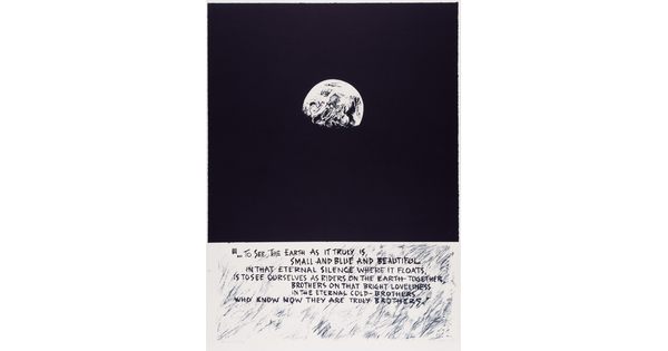 A black-and-white abstract print of a white partial circle that resembles a moon on a black background above written text.