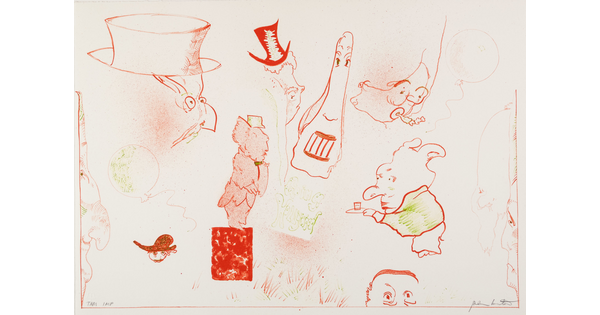 An abstract color print of cartoon-like non-human figures outlined in varying shades of red.