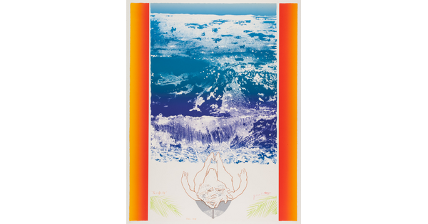 A color print of ocean waves coming toward the viewer as a simply-drawn surfer lays on a surfboard in the foreground.