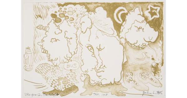 An abstract sepia-toned print of various shapes with vaguely human elements, such as feet, and other objects such as a fire hydrant, a crescent moon, and a star.