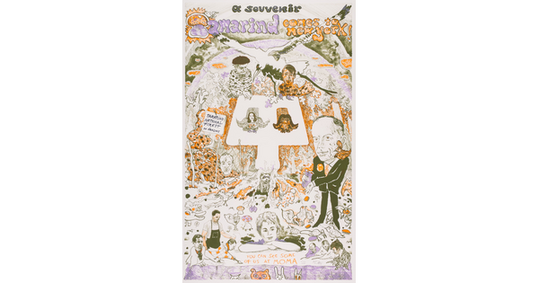 A color print of caricatures of people and animals in purple, black, and orange with text that reads, "A souvenir, Tamarind comes to New York, you can see some of us at MOMA."