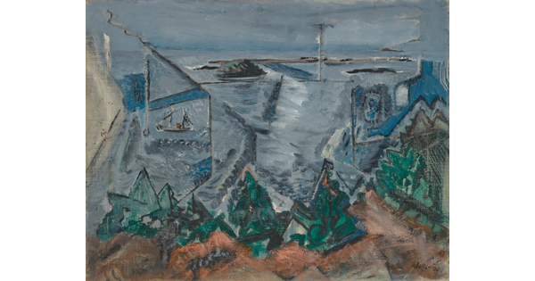 A abstract painting in blues and browns of a shoreline, land, and sea depicted as irregular, geometric shapes.
