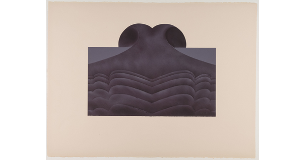 An abstract color print in black, gray, and dark blue of organic shapes that resemble waves and the tail of a whale emerging from the top.