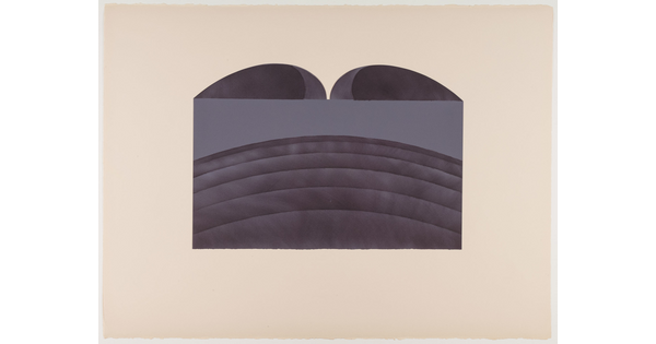 An abstract color print in black, gray, and dark blue of curved arches within a rectangle with two emerging from the top.