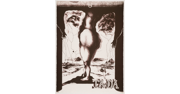 An abstract black-and-white print of exaggerated human arms, torso, and legs towering above text in the lower right that reads, "TA-DA."
