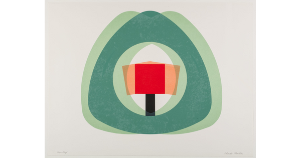 An abstract color print with overlapping rounded green triangles surrounding overlapping red squares on a black post.