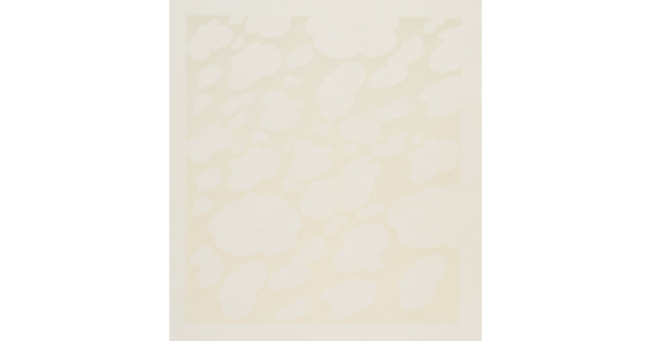 An abstract color print of pale cream bubbles or cloud-like shapes on a white background.