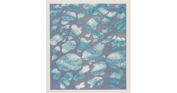 A color print of blue and white speckled clouds scattered on a gray background.