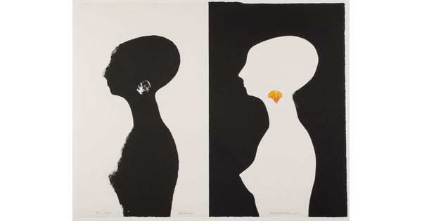 A color print: on the left, a black silhouette on white of a woman from the waist up with a white earring; on the right, the same silhouette but white on black with a gold leaf earring.