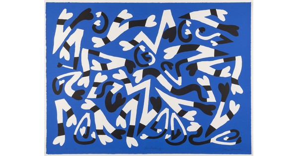 An abstract color print of zig-zag-like shapes in black and white, hearts at the ends of each shape, against a blue background.