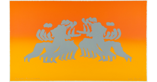 A color print of gray silhouettes of two groups of figures running toward each other on a gradient of orange to yellow from top to bottom.